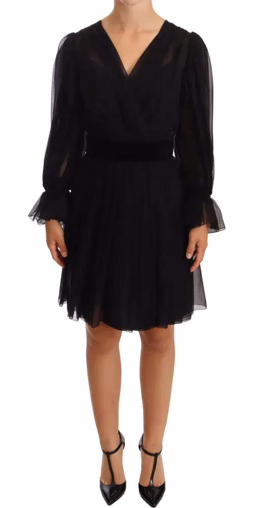 Black Mesh Pleated Mini Silk Stretch Dress