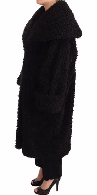 Black Polyester Fur Trench Coat Jacket