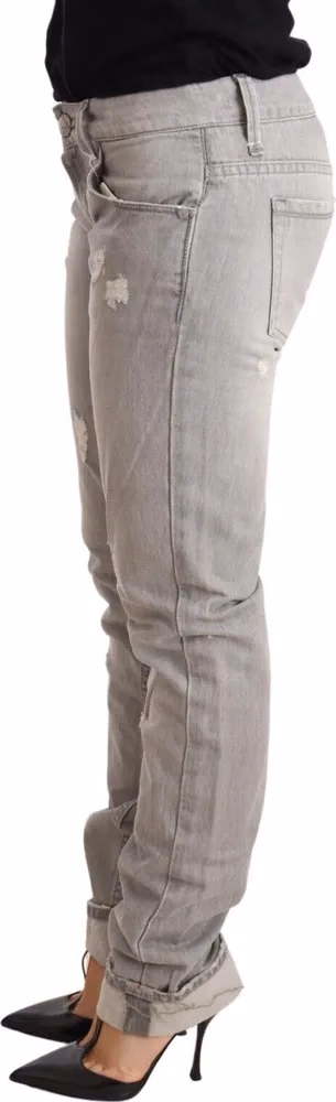 Gray Tattered Cotton Slim Fit Folded Hem Women Denim Jeans