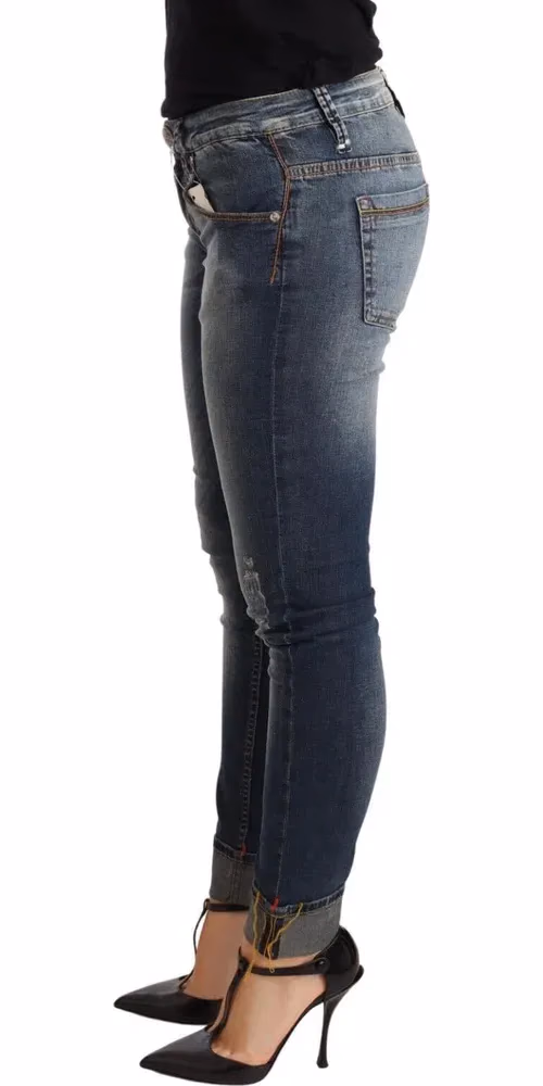 Blue Washed Cotton Low Waist Skinny Denim Women Trouser Jeans