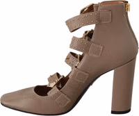 Brown Leather Block Heels Multi Buckle Pumps Shoes 1