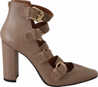 Brown Leather Block Heels Multi Buckle Pumps Shoes 4