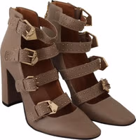 Brown Leather Block Heels Multi Buckle Pumps Shoes 5