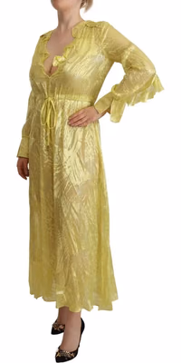 Yellow Silk Long Sleeves Plunging Maxi Dress