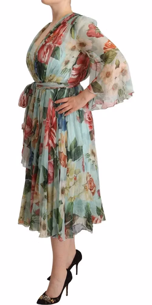 Green Floral Long Sleeves V-neck Midi Dress