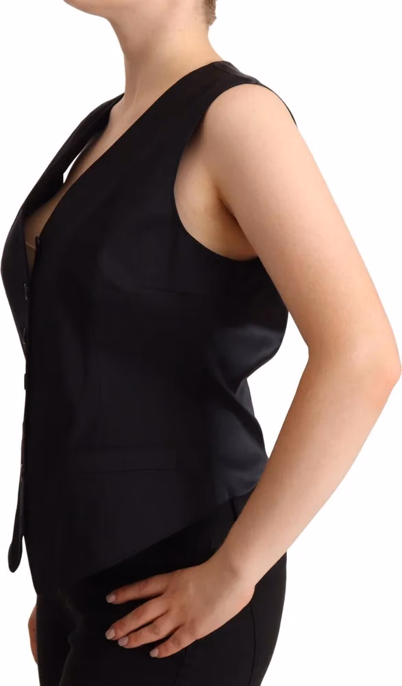 Black Button Down Sleeveless Vest Waiscoat Top