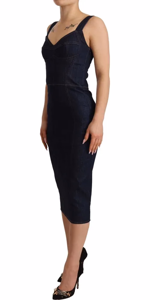 Dark Blue Cotton Denim Sheath Midi Dress