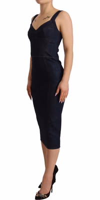 Dark Blue Cotton Denim Sheath Midi Dress
