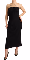 Black Silk Stretch Strapless Sheath Midi Dress 5