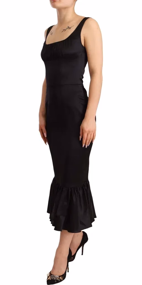 Black Silk Stretch Sheath Mermaid Midi Dress