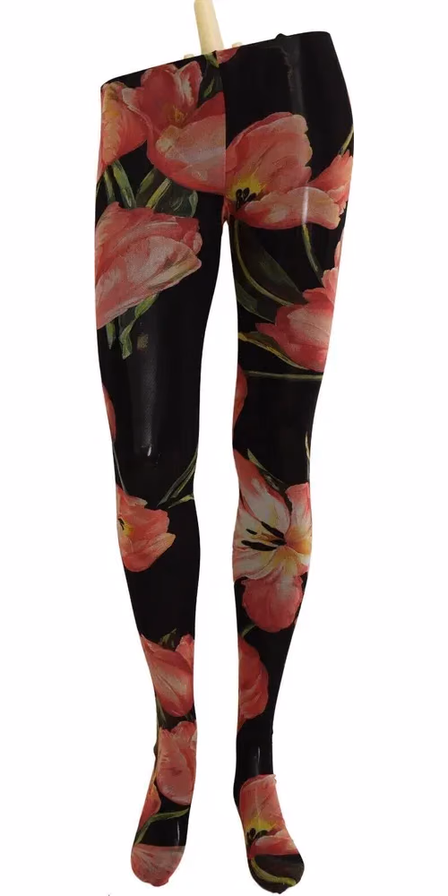 Black Floral Print Nylon Tights Stockings