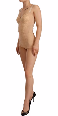 Beige Nylon Floral Lace Bodysuit Underwear
