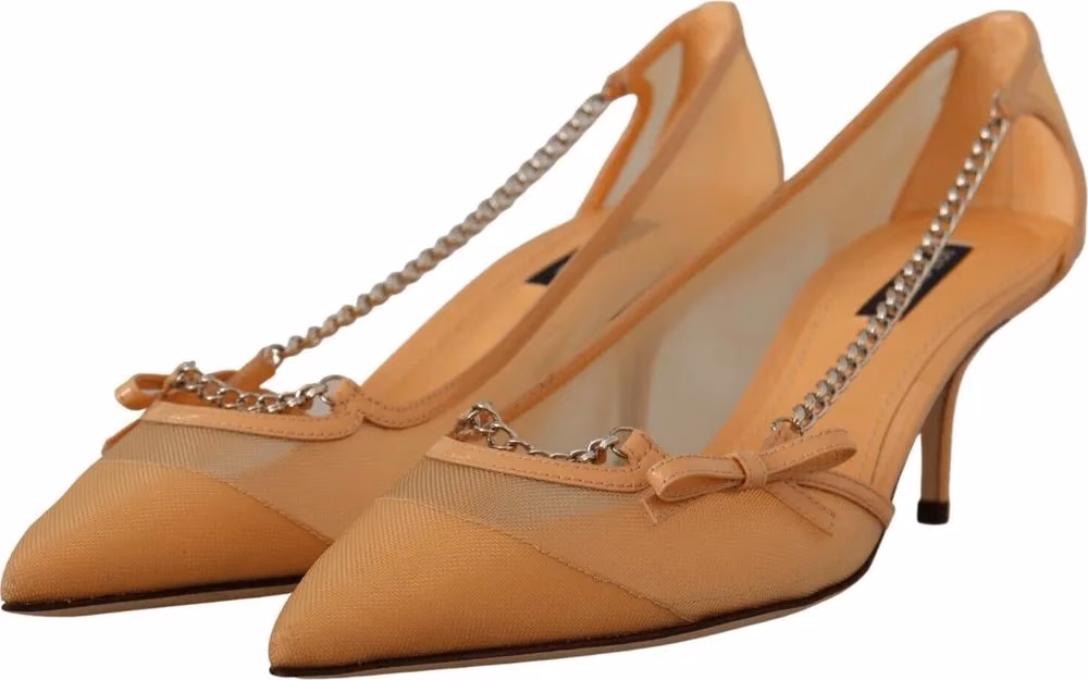 Peach Mesh Leather Chains Heels Pumps Shoes