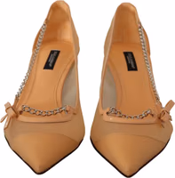 Peach Mesh Leather Chains Heels Pumps Shoes 2
