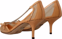 Peach Mesh Leather Chains Heels Pumps Shoes 3