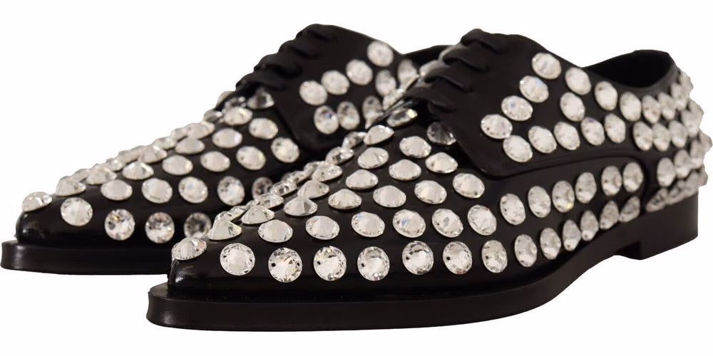 Black Leather Crystals Lace Up Formal Shoes