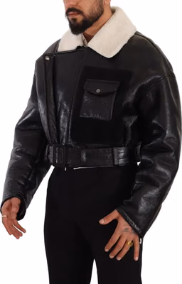 Black Leather Shearling Biker Coat Jacket