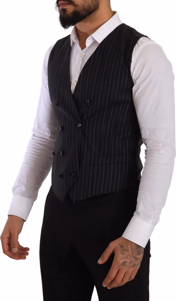Gray Striped Double Breasted Waistcoat Vest