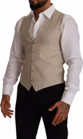 Beige Cotton Silk Slim Fit Waistcoat Vest 4