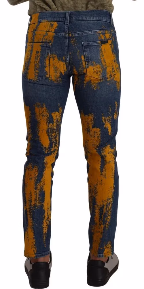 Blue Yellow Dye Cotton Skinny Men Denim Jeans