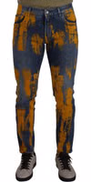 Blue Yellow Dye Cotton Skinny Men Denim Jeans 4