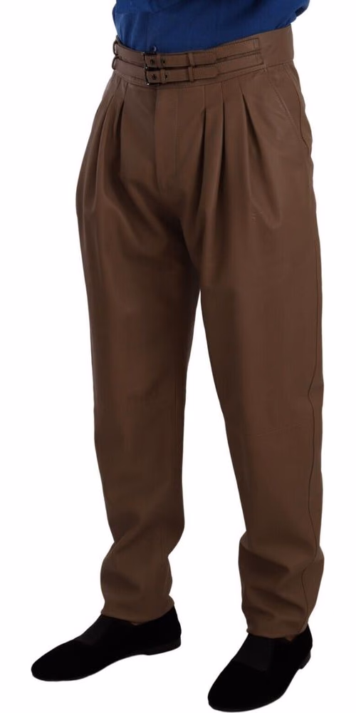 Brown Leather Tapered High Waist Pants