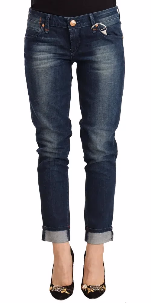 Blue Washed Low Waist Skinny Denim Folded Hem Jeans