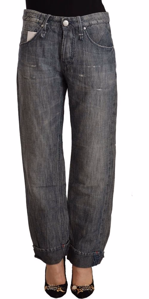 Gray Washed Ramie Straight Denim Folded Hem Jeans