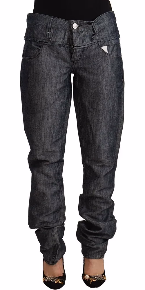 Dark Gray Ramie Mid Wide Waist Straight Denim Jeans