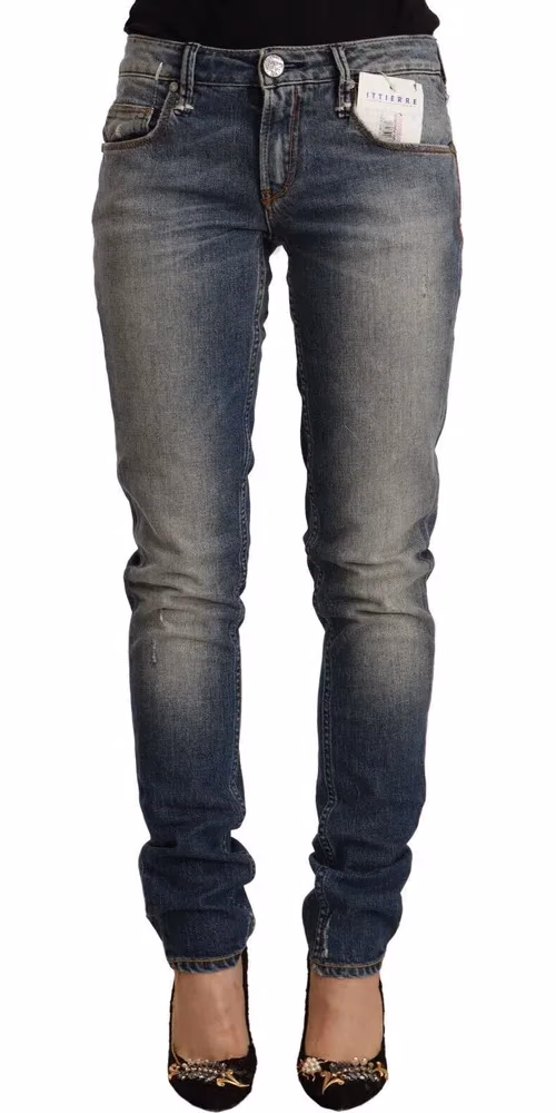 Blue Washed Cotton Mid Waist Skinny Denim Jeans