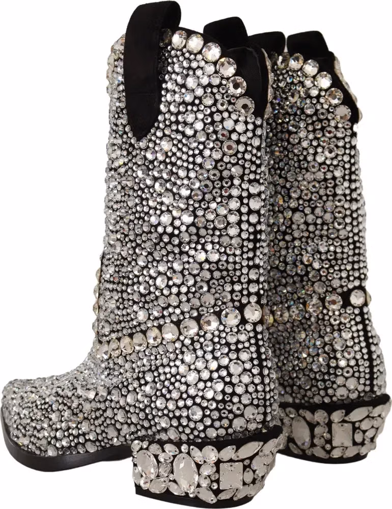 Black Suede Strass Crystal Cowgirl Boots