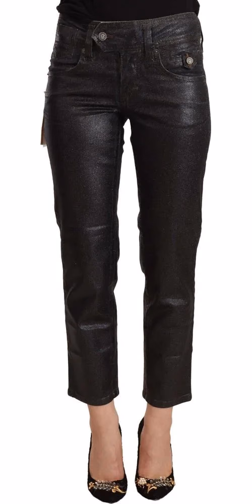 Black Glittered Mid Waist Cotton Cropped Pants