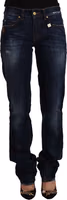 Dark Blue Washed Mid Waist Cotton Denim Straight Jeans 1