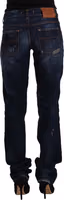 Dark Blue Washed Mid Waist Cotton Denim Straight Jeans 3