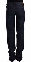 Dark Blue Mid Waist Cotton Denim Straight Jeans 2