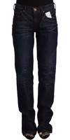 Dark Blue Mid Waist Cotton Denim Straight Jeans 3