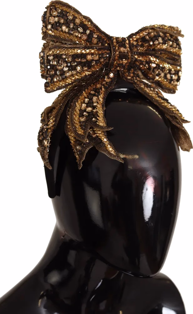 Gold Crystal Beaded Sequined Silk Bow Headband Diadem