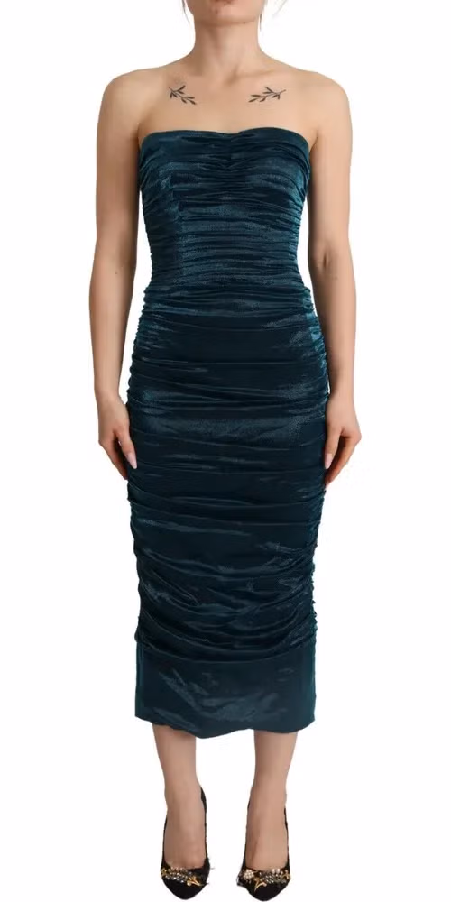 Turquoise Bustier Bodice Draped Midi Dress