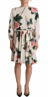 White Rose Print Long Sleeves A-line Dress