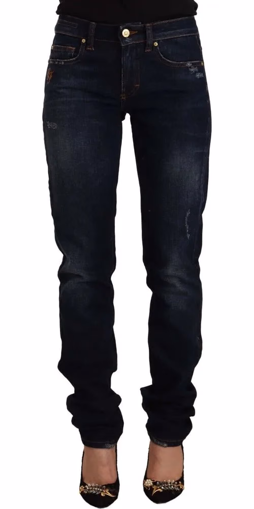 Dark Blue Washed Mid Waist Cotton Denim Skinny Jeans