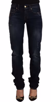 Dark Blue Washed Mid Waist Cotton Denim Skinny Jeans 1