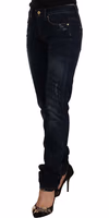 Dark Blue Washed Mid Waist Cotton Denim Skinny Jeans 2
