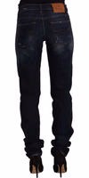 Dark Blue Washed Mid Waist Cotton Denim Skinny Jeans 3