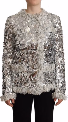 Silver Sequined Shearling Long Sleeves Jacket