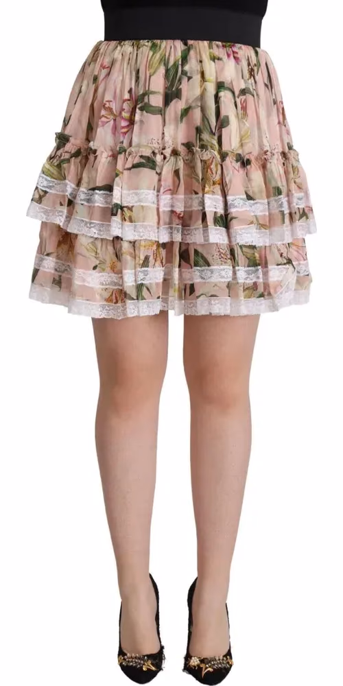 Pink Lily Print Silk Mini Tiered A-line Skirt