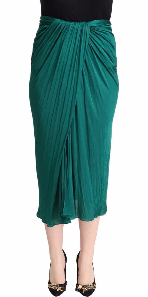 Dark Green High Waist Midi Pencil Cut Pleated Skirt