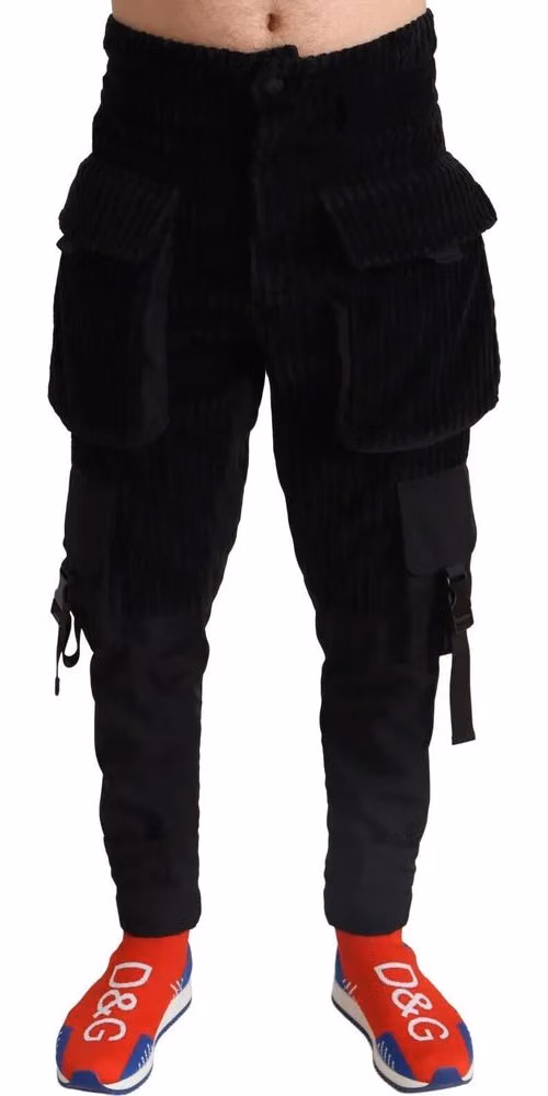 Black Cotton Skinny Corduroy Cargo Pants