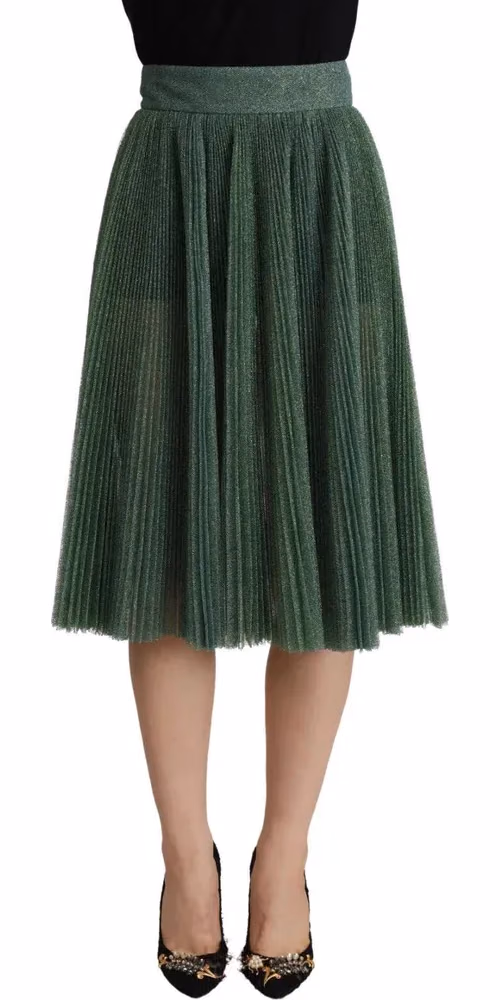 Metallic Green High Waist A-line Pleated Skirt