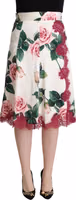 White Rose Print High Waist Midi A-line Skirt 1