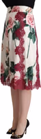 White Rose Print High Waist Midi A-line Skirt 2